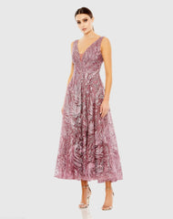 Purple V-Neck Low Cut Back Floral Embroidered A-Line Dress