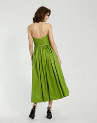Green Faille Strapless A Line Midi Dress With 3D Rose
