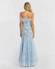 Blue Feather Embellished Strapless Trumpet Gown