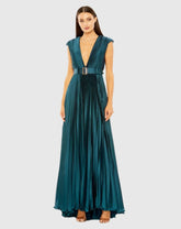 Blue Pleated Plunge Neck Belted A Line Gown