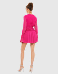 Pink Pleated Bell Sleeve Chiffon Mini Dress