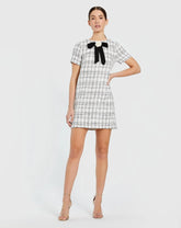 White Short Sleeve High Neck Boucle Mini Dress With Bow