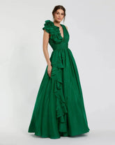 Emerald Green Ruffle Shoulder V-Neck Chiffon Gown