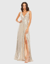 Silver Metallic Plunge Neck Sequined Gown