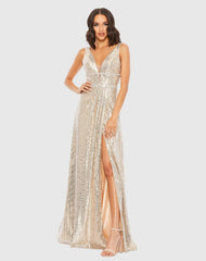 Silver Metallic Plunge Neck Sequined Gown