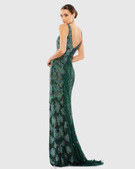 Green Beaded Floral Sleeveless Gown