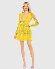 Yellow Floral Print Puff Sleeve Ruffled Mini Dress