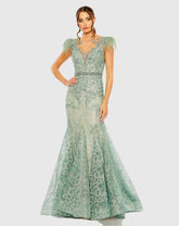 Green Embellished Feather Cap Sleeve Illusion Neck Trumpet Gown