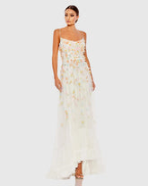 White Beaded 3D Flower Cami Ruffled High Low Lace Up Gown