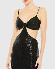 Black Sequined Spaghetti Strap Cut Out Gown - FINAL SALE
