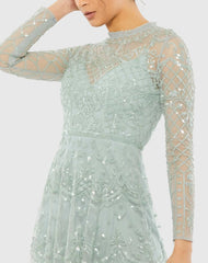 Blue Sequined Illusion High Neck Long Sleeve Midi Dress