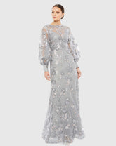 Gray Embellished Illusion High Neck Bishop Sleeve Gown