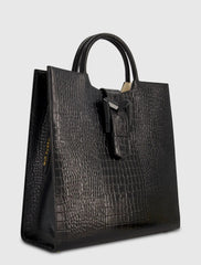 Black Buckled Maxi Croco Leather Tote Bag