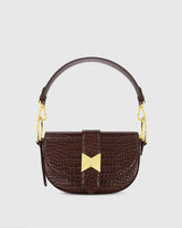 Brown Crocodile Leather Saddle Bag With Gold Hardware