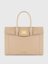 Beige Large Leather Briefcase Bag With Gold Hardware