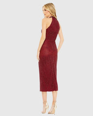 Red Hand Embellished Halter Neck Midi Sheath Dress