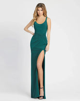 Green Sleeveless Ruched Side Knot Jersey Gown
