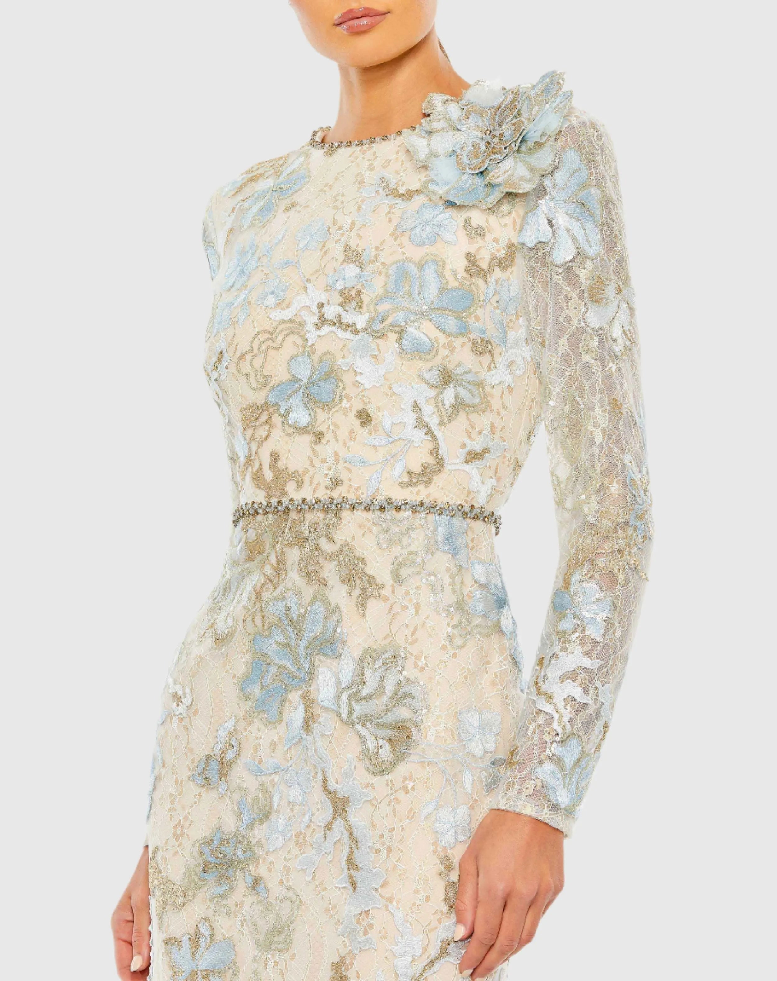 Blue and Beige Floral Embroidered Lace Trumpet Gown