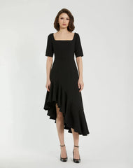 Black Crepe 3/4 Sleeve Asymmetrical Hem Dress