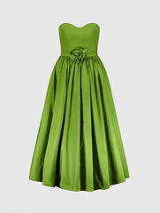 Green Faille Strapless A Line Midi Dress With 3D Rose