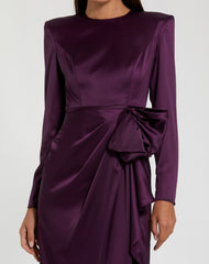Purple Long Sleeve Structured Bow Draped Column Gown