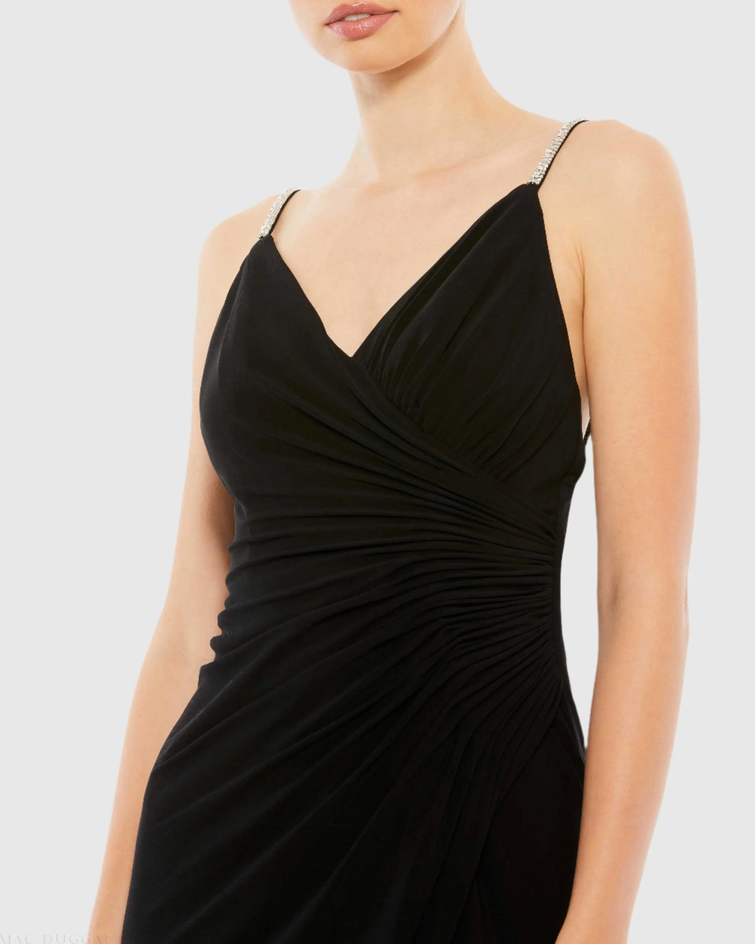 Black Faux Wrap V Neck Open Back Gown