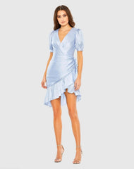 Blue Short Puff Sleeve Faux Wrap Mini Dress