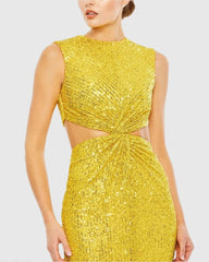 Yellow Sequin Front Twist Cut Out Sheath Dress - FINAL SALE