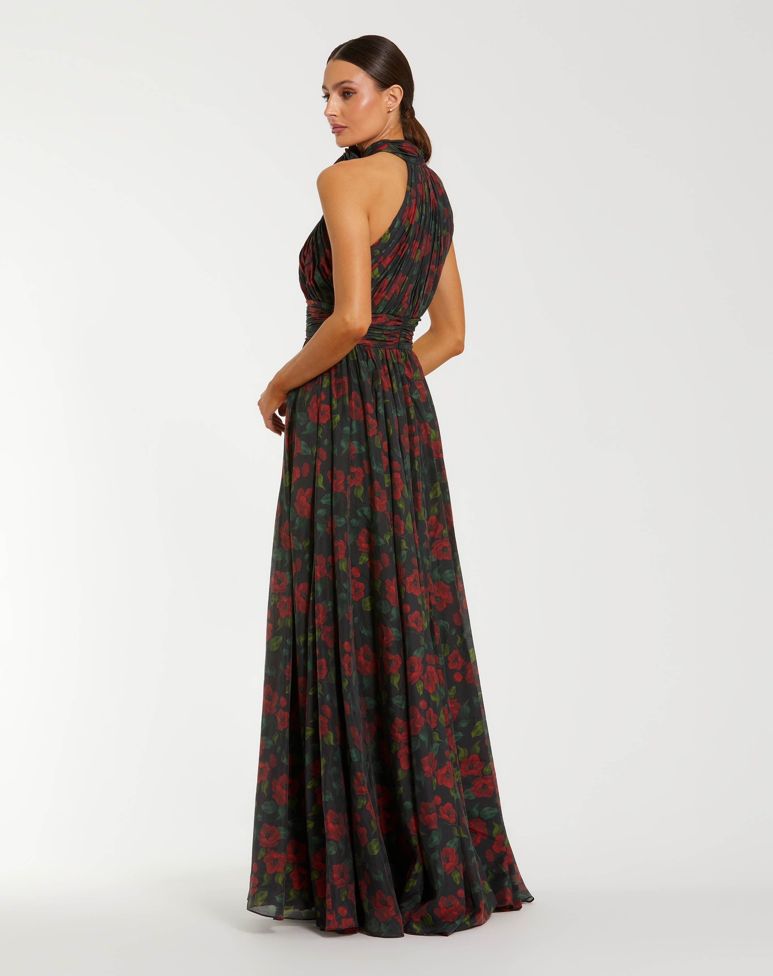 Black Floral Print Halter Neck Gown with Rosette Detail