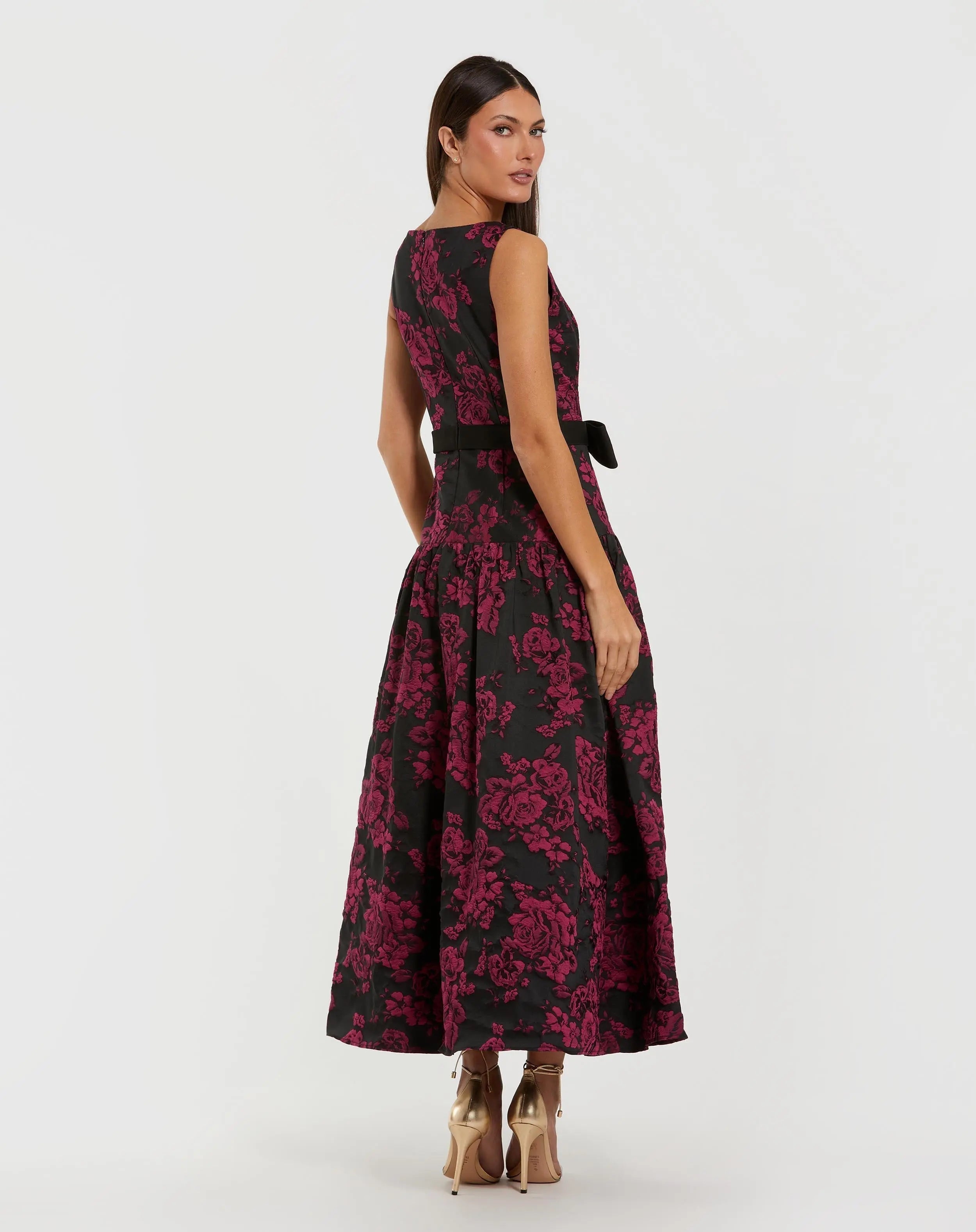 Black Brocade Drop Waist Midi Dress With Satin Bow