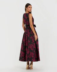 Black Brocade Drop Waist Midi Dress With Satin Bow