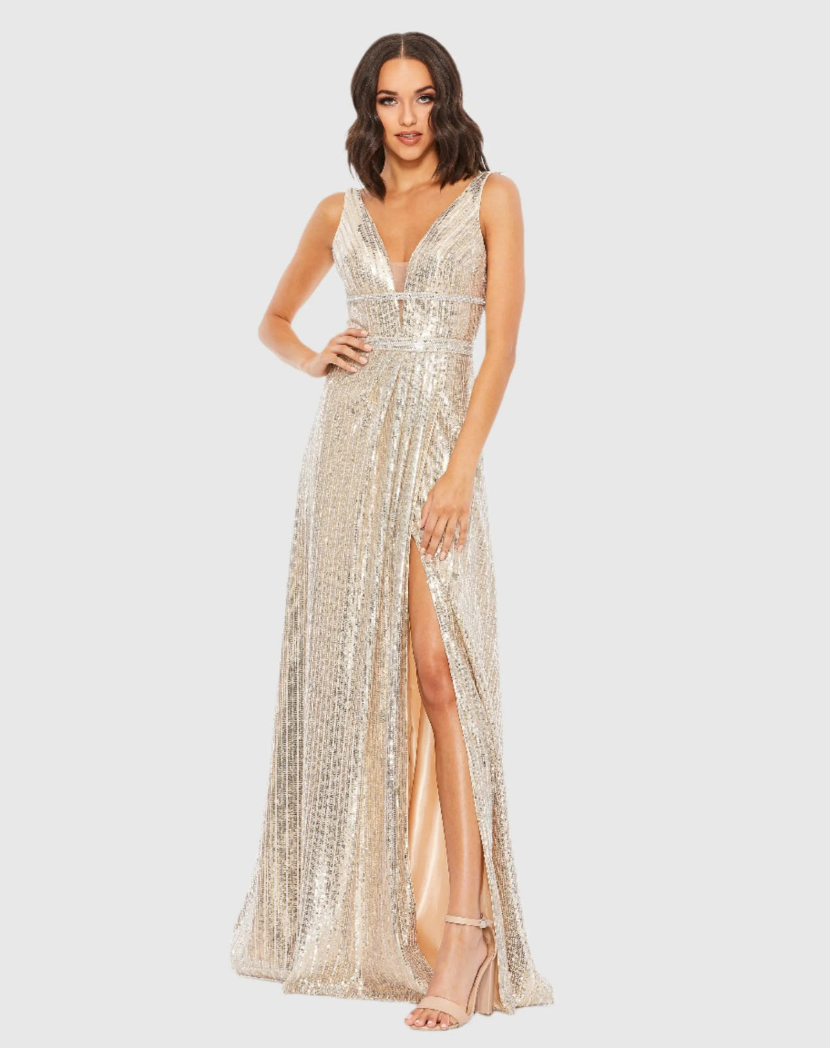 Silver Metallic Plunge Neck Sequined Gown