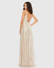 Silver Metallic Plunge Neck Sequined Gown