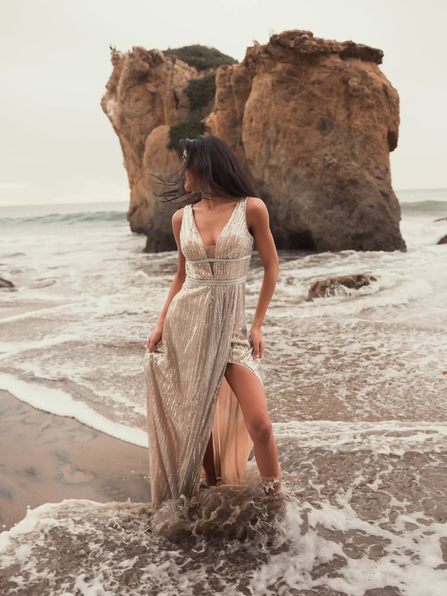 Silver Metallic Plunge Neck Sequined Gown