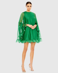 Green High Neck Ruffle Hem Cape Mini Dress