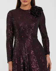 Dark Purple Long Sleeve Sequin Ball Gown With 3D Flower