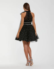 Black Pearl Embellished A Line Mini Dress with Bow
