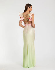 Pink and Green Charmeuse Ruffle Strap Crossover Ombre Gown