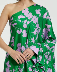 Green Printed Charmeuse One Shoulder Draped Gown