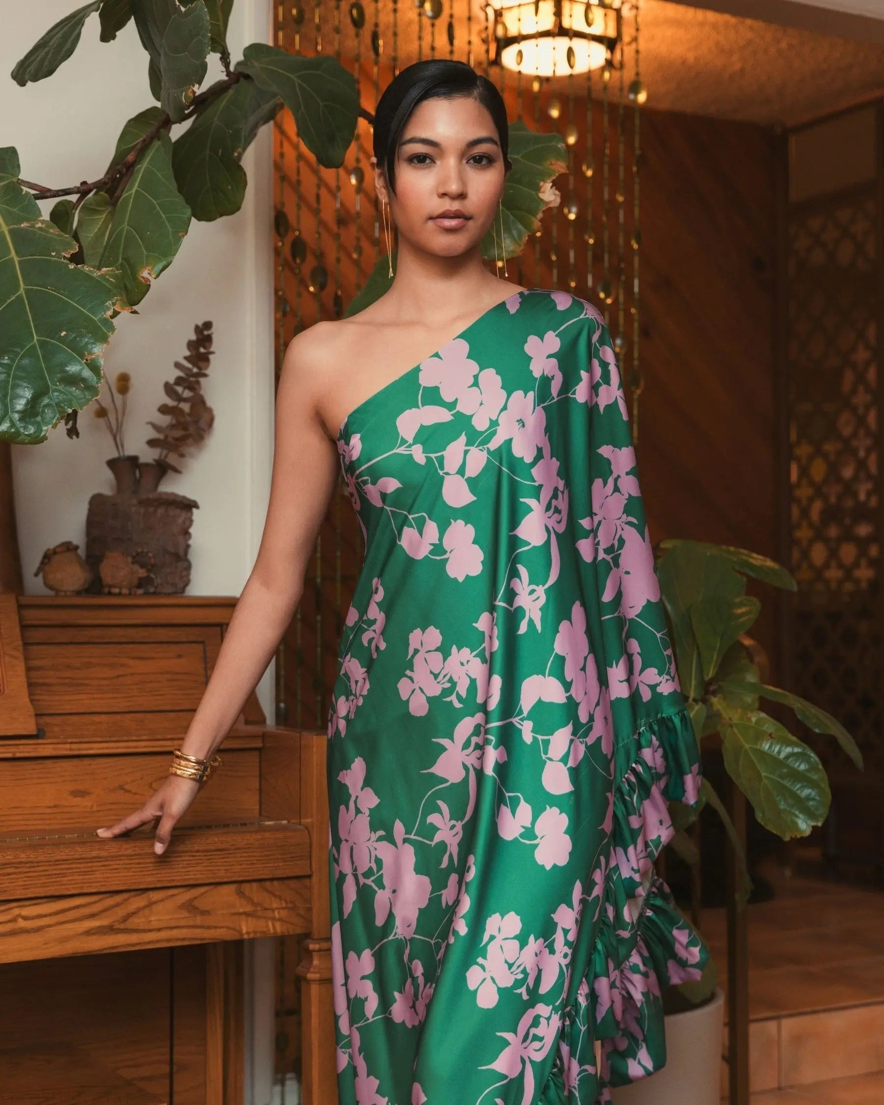 Green Printed Charmeuse One Shoulder Draped Gown