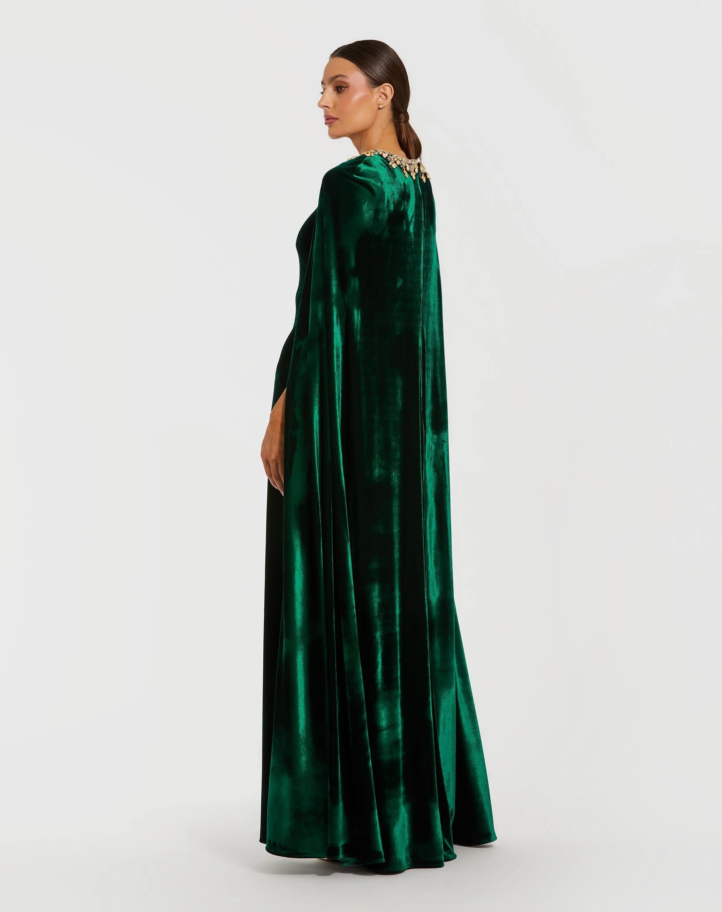 Dark Green Velvet Cape Gown With Embellished Neckline