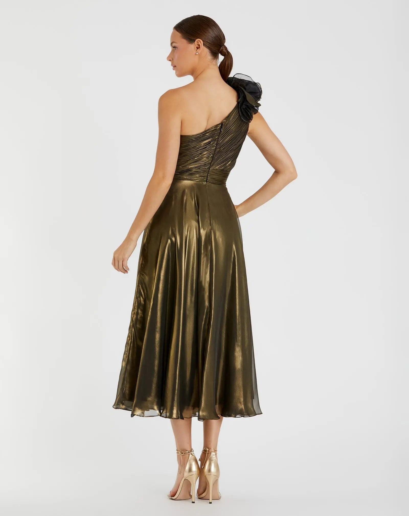 Gold Rosette One Shoulder Tea Length Dress