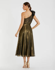 Gold Rosette One Shoulder Tea Length Dress