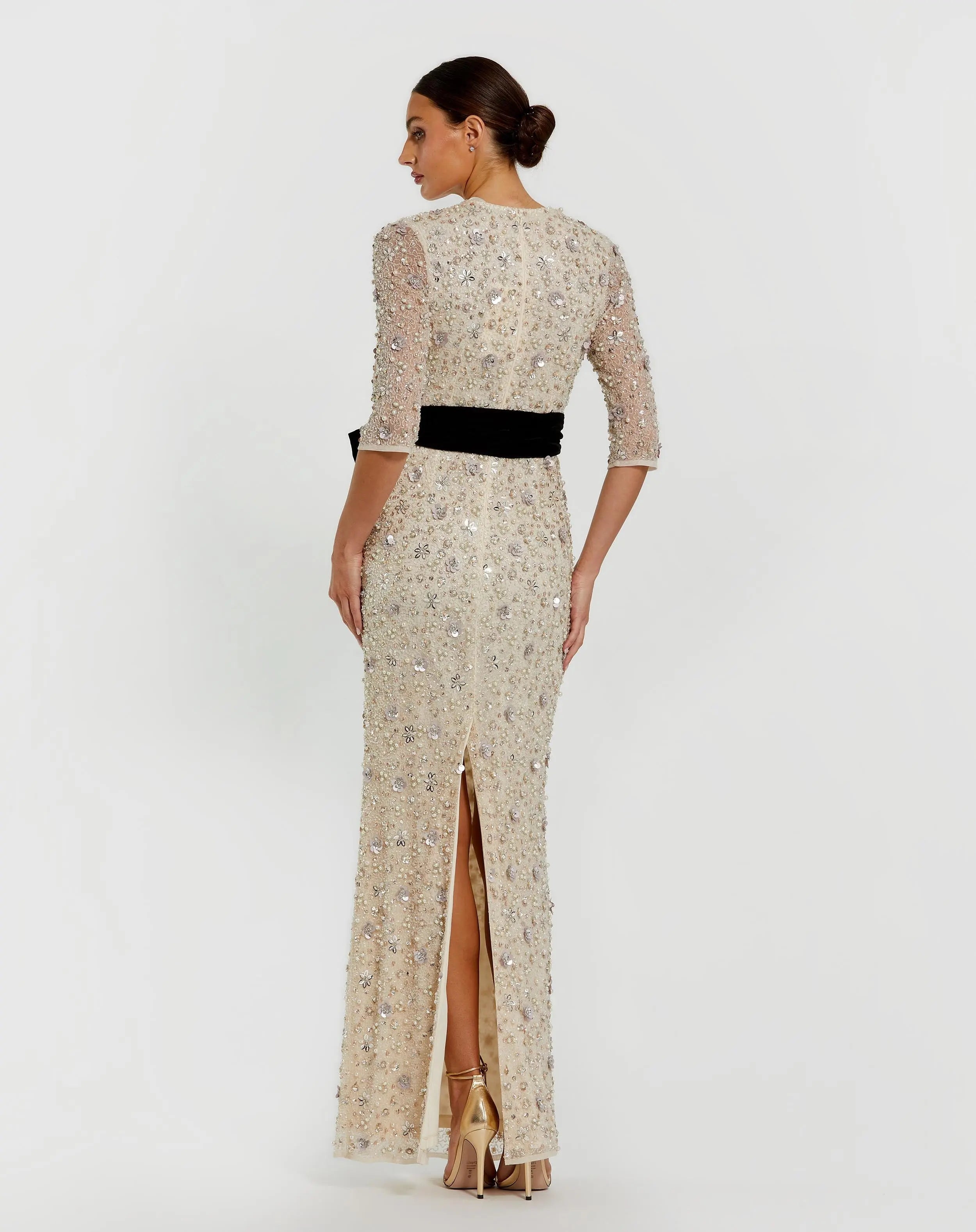 Ivory 3/4 Sleeve Embellished Column Gown with Velvet Bow Belt