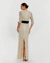 Ivory 3/4 Sleeve Embellished Column Gown with Velvet Bow Belt