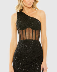 Black One Shoulder Sheer Bustier Side Drape Sequin Dress