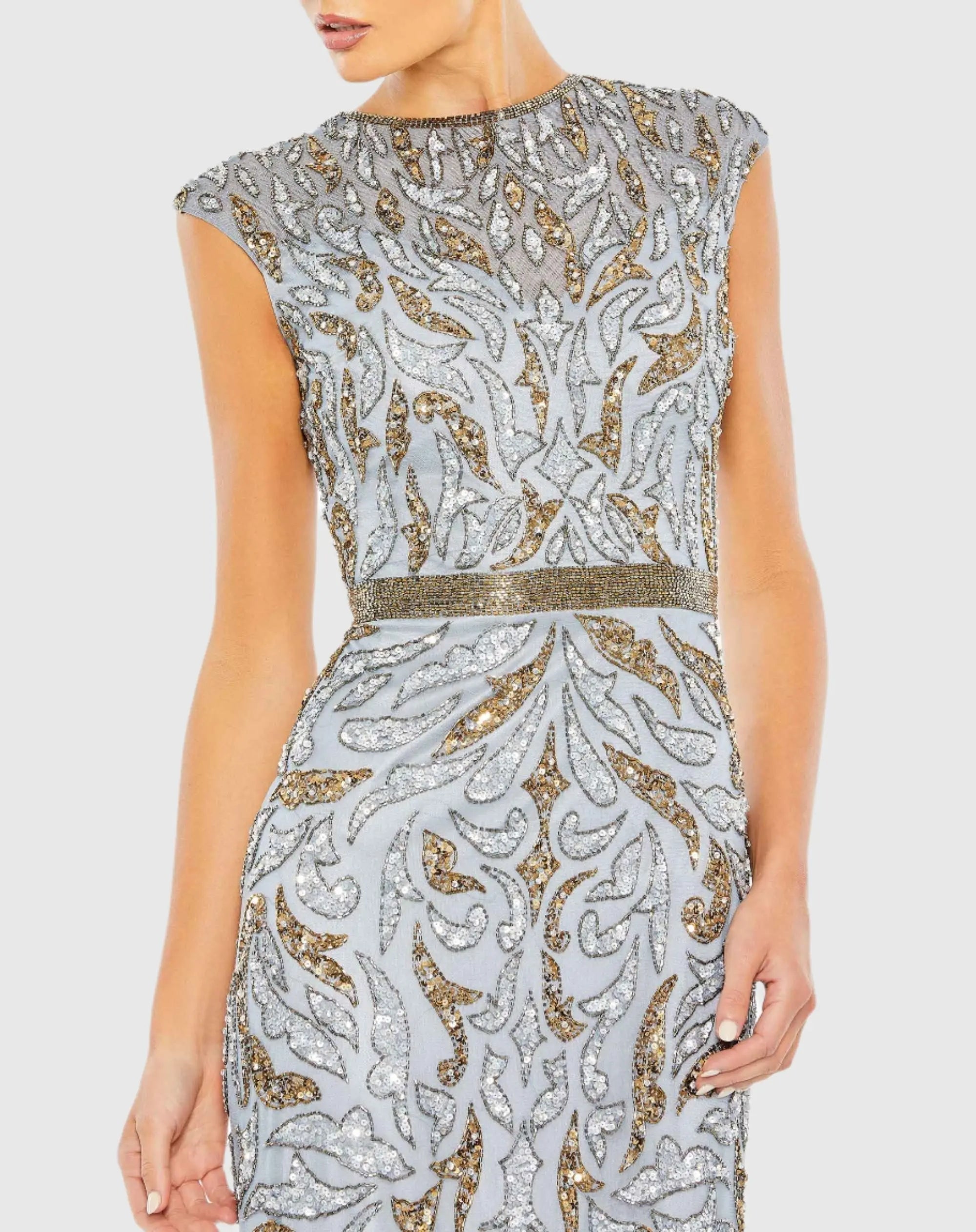 Blue and Gold Embellished Illusion Cap Sleeve Column Gown