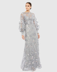 Gray Embellished Illusion High Neck Bishop Sleeve Gown