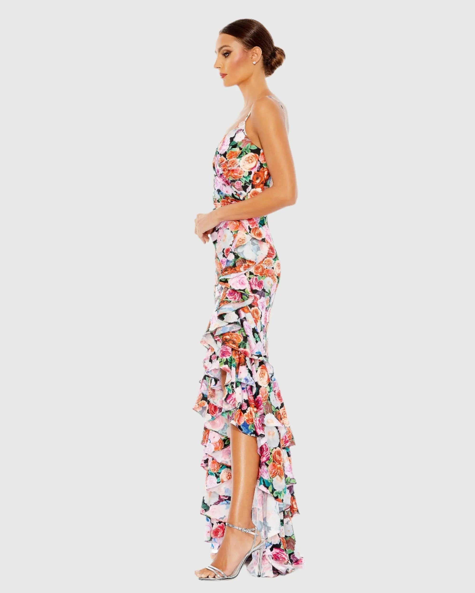 Multicolor Floral Print Asymmetrical Ruffle Hem Gown