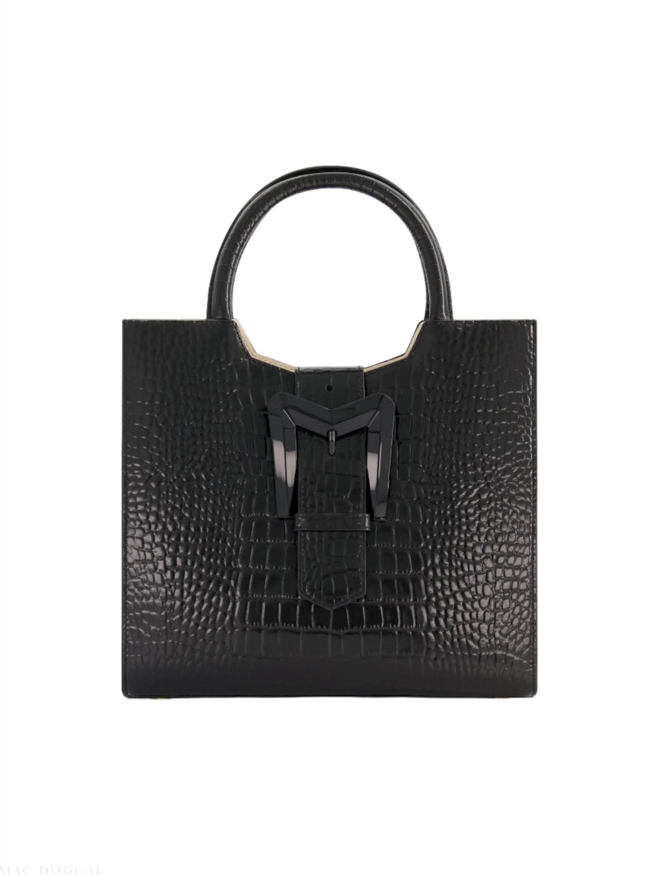 Black Buckled Medium Croco Leather Tote Bag with Detachable Strap